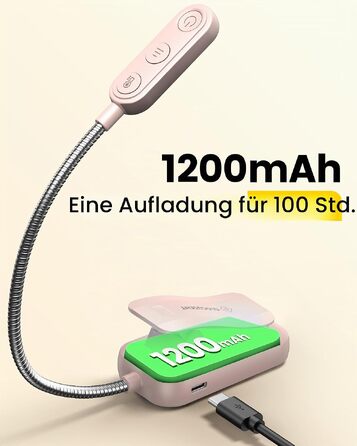 Світлодіодна лампа для читання Glocusent з прищіпкою, USB-аккумуляторна книга-лампа, 20 LED, 5 режимів кольорової температури та регулювання яскравості, гнучка на 360°, рожева