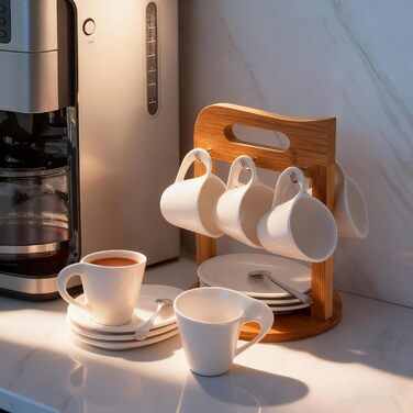 Набір еспресо-чашок з дерев'яним підставкою, 6 шт. по 80 мл, порцеляна, товстостінні, з підставками, для 6 осіб