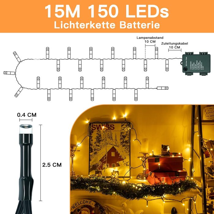 Ланцюжок прикрас Ollny з 150 LED, 15 м, тепле біле світло, IP44, для саду, вечірки, Нового року (зелений кабель)