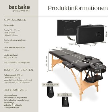 Масажне ліжко Tectake® складне з 2 зонами, портативне з 5 см підкладкою, регульоване по висоті, мобільне, з дерев'яними ніжками та аксесуарами (сумка, ролики для масажу, чорне)