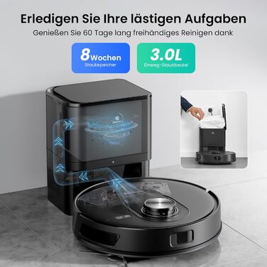 Робот-пилосос Proscenic Q8 Max+ з функцією миття, 8000Pa, 200 хвилин роботи, 3L пилозбірник, Lidar-навігація, уникнення перешкод, керування через додаток та голосове управління, для твердих поверхонь та килимів