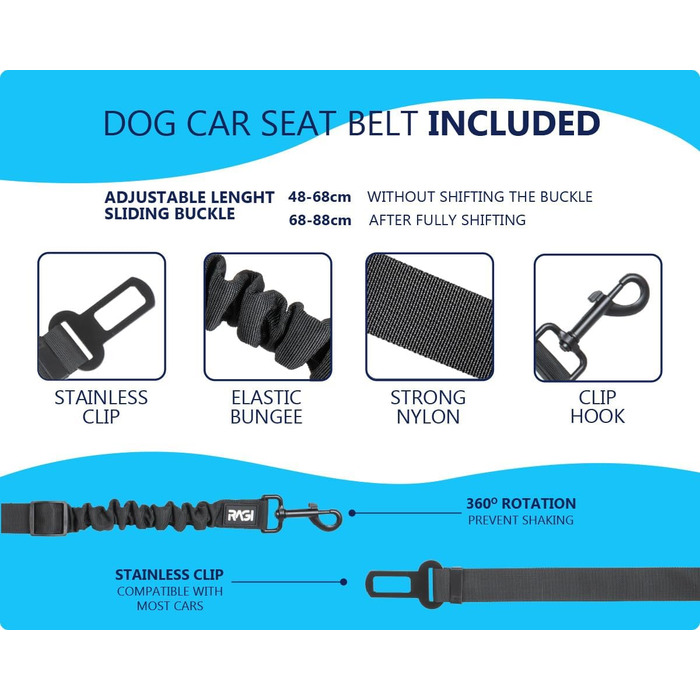 Автокрісло для собак RAGI з ременем безпеки - міцне та стабільне. Захист сидінь авто, переноска для собак на заднє сидіння. Чорний колір