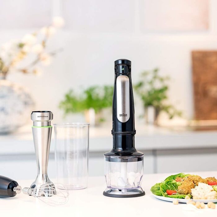 Блендер Braun MultiQuick 7 MQ 7025X, 3-в-1, 1000 Вт, подрібнювач 350 мл, вінчик, плавне регулювання швидкості, чорний, модель 2019, 3 насадки