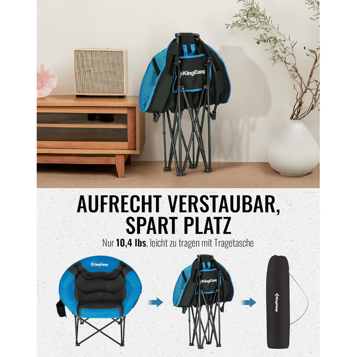 Крісло для кемпінгу KingCamp Moonchair XXL: зручне, м'яке, для відпочинку на природі, саду, риболовлі. Макс. 205 кг, з кишенею для напоїв та високою спинкою (Блакитний)