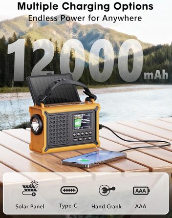 ROCAM Радіоприймач на ручку DAB+/UKW, портативне аварійне радіо з сонячною панеллю 8500 мм² та ручкою 650mA, цифрове радіо з Bluetooth, 2.4' кольоровий дисплей, 80 станцій, SOS, LED ліхтарик, USB, IPX6 для кемпінгу (Жовтий)