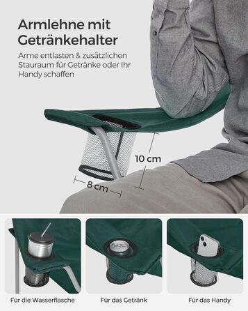 SONGMICS 2-Pack Folding Chair Camping Chair Folding Chair Comfortable Heavy-Duty Construction Max. Load Capacity 150 kg with Cup Holder Outdoor Chair (Dark Green)