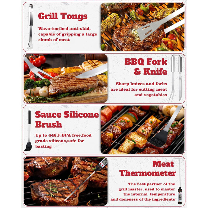 Набір гриль-посуду 11 предметів, 34 см, нержавіюча сталь. Комплектація: щипці, виделка, кейс. Практичний багатофункціональний набір для барбекю, подарунок для чоловіків (срібний)