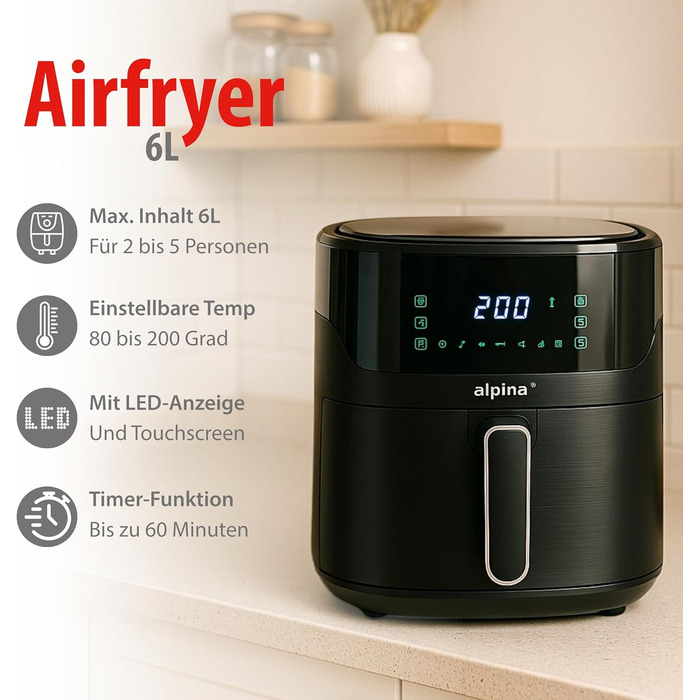 Фритюрниця Alpina Heißluft XXL (6л) з цифровим дисплеєм: для 4-6 осіб, 80-200°C, таймер до 2 годин, 1800W