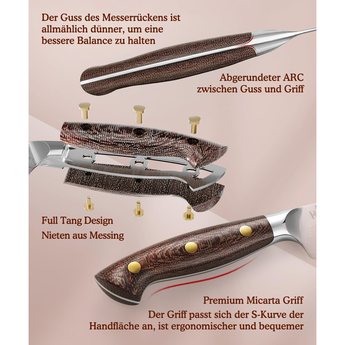 HEZHEN ніж кухарський 21 см з дамаської сталі 67 шарів, професійний, з дерев'яною піхвою, Full Tang з мікарти