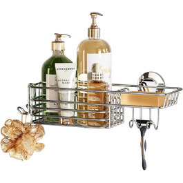 TAILI Stainless Steel Shower Shelf No Drilling, Shower Caddy Suction Cup with Hooks & Soap Holder, Bathroom Shower Organizer No Drilling Shelf for Bathroom Shampoo Shower Gel, Silver
