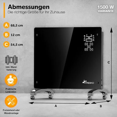 Електричний конвектор TRESKO® з Wi-Fi, LED-дисплеєм та таймером | Склокерамічний нагрівач | 2000 Вт (1500 Вт)