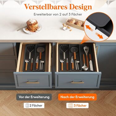 Органайзер для столових приладів Lifewit в шухляду, розширюваний (43.9 см), чорний, 23-37 x 40 x 4.6 см - для кухні, ложок, ножів, лопаток