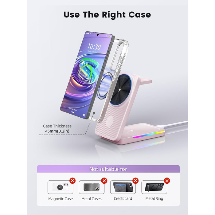 Магнітна зарядна станція 3-в-1 для Samsung Galaxy S26 Ultra, S25, Z Fold 7, Z Flip 7, Galaxy Watch Ultra 8/7/6, Buds Pro 3 (Рожева) - Бездротова зарядка Magsafe