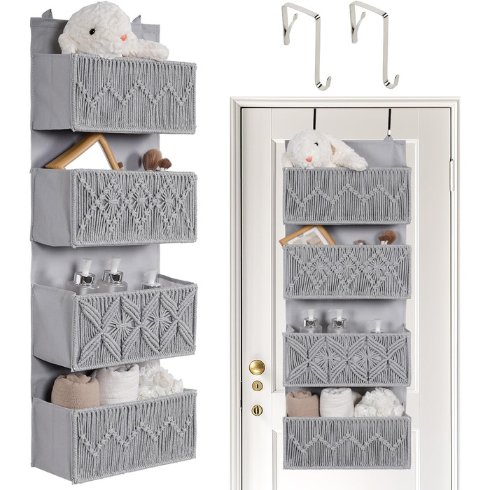 Органайзер для дверей з 4 кишенями, Бохо декор, настінна полиця-органайзер з 2 гачками, для спальні, дитячої кімнати, ванної (4 кишені-сірий)