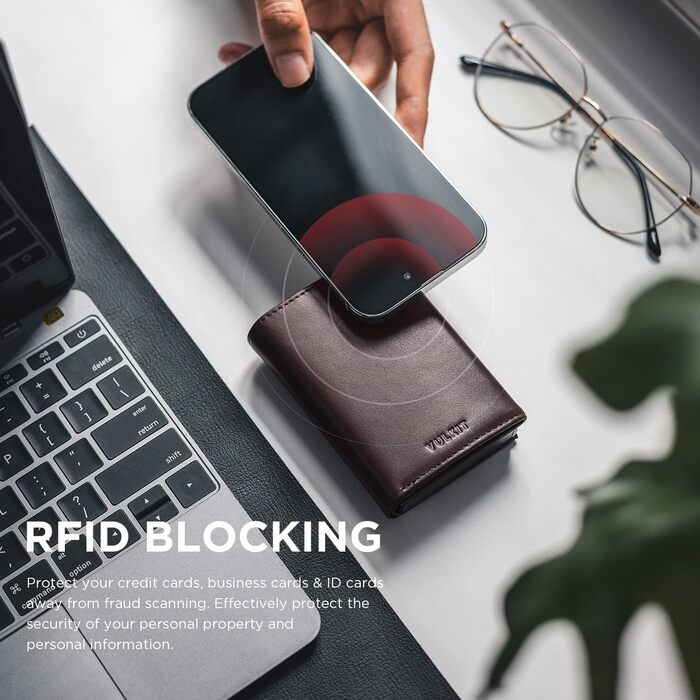 Кредитне шкіряне портмоне VULKIT RFID з відділенням для купюр, ID-віконцем та монетним відділенням, магнітний замок (Espresso)