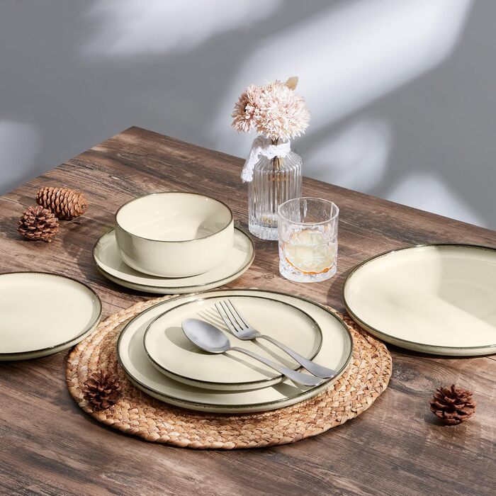 Сервіз посуду Joyfair на 6 осіб, 18 предметів, кераміка, з реактивною глазурью, тарілки для їжі, десертні тарілки, миски для каші, підходить для мікрохвильової печі та посудомийної машини, (Riff Khaki)