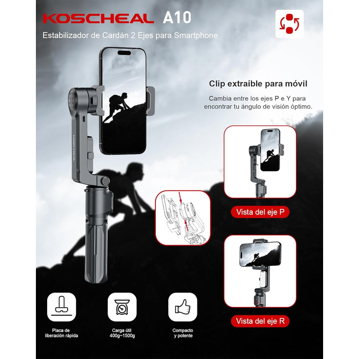 Штатив-стабілізатор KOSCHEAL A10 для смартфонів з підсвічуванням та пультом ДУ, 360° оберт, для iPhone та Android, для зйомки Vlogs та TikTok - Чорний