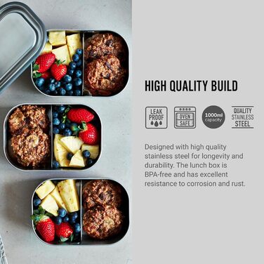 Ланчбокс BLACK+BLUM з нержавіючої сталі 1л, оранжевий, 3-в-1, вакуумна кришка, герметичний, з гофелем, силіконовою стрічкою та роздільником, підходить для духовки та морозильної камери, 20x14x6 см, контейнер для їжі з відділеннями