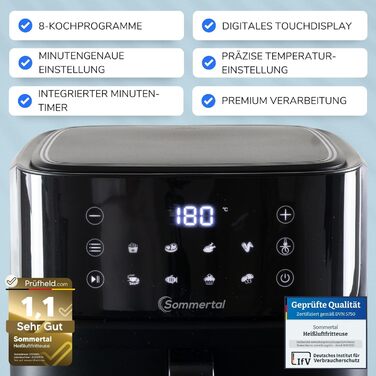 Фритюрниця повітряна Sommertal HF760-7,6L XXL з сенсорним екраном, 8 програм, 2000 Вт - енергозберігаюча та здорова, велика фритюрниця
