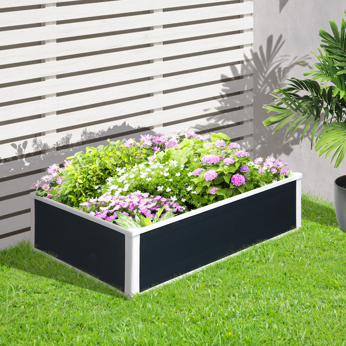 Outsunny Raised Garden Bed Planter Box with Drainage Function for Herbs and Flowers, Plastic Grey 100x80x30cm Ideal for Patio