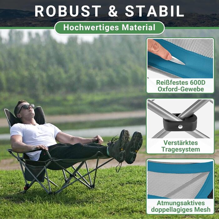 Кемпінговий стілець-шезлонг WEJOY 2-в-1: складаний стілець для пляжу та відпочинку з регульованою спинкою, підставкою для ніг, тримачем для напоїв, сірий/блакитний