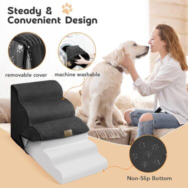 Сходинки для домашніх тварин HaustierTreppe з 5 сходинок для маленьких собак та котів, 30D пінополіуретан, антиковзаюча основа, короткі ніжки, подарунок - роликовий валик для шерсті чорного кольору