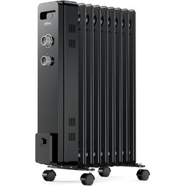 Масляний радіатор VonHaus 2000W з 9 ребрами, електричний, портативний, з термостатом, 3 режими нагріву, 4 колеса, 1.5м кабель (білий/чорний)