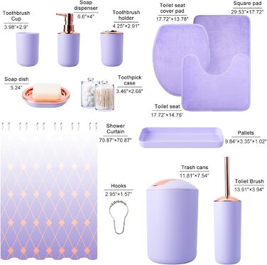 9-Piece Bathroom Accessories Set – Trash Can, Soap Dispenser Set, Soap Dish, Toilet Brush with Holder, Toothbrush Holder, Cup, Tray, Cotton Swab Holder, (Violet Bathroom Set + Shower Curtain + Rugs)