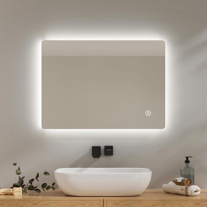 Дзеркало для ванної кімнати EMKE з підсвічуванням 50x70 см, проти запотівання, 3 кольори світла, диммування, сенсорне управління, функція пам'яті та автоматичне вимкнення через 3 години