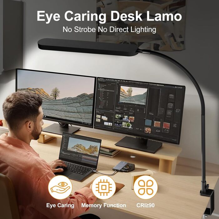 SKYLEO LED Desk Lamp with Adjustable Gooseneck - 80cm Height, 5 Color Modes, 11 Brightness Levels, Timer & Memory Function, 12W, Clamp-On Design