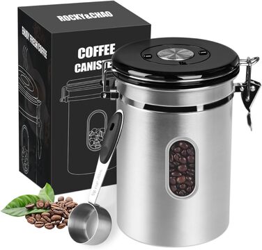 Контейнер для кави ROCKY&CHAO 1.8L з нержавіючої сталі, герметичний, з віконцем, для кавових зерен, чаю, горіхів, какао