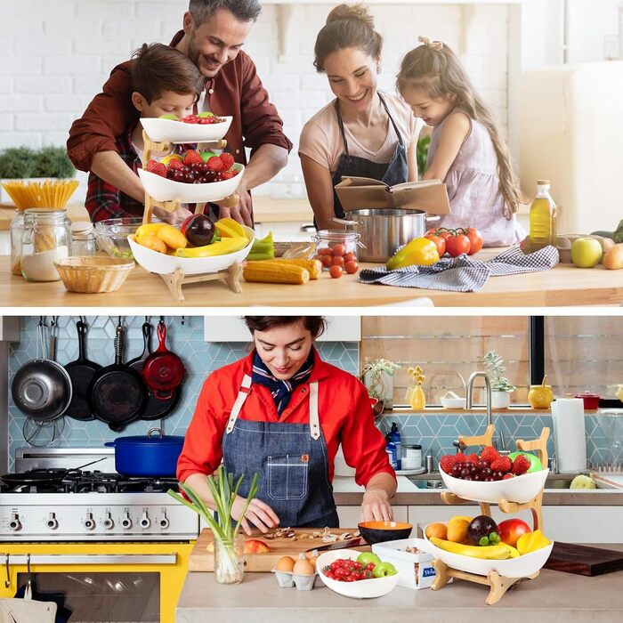 Багатоярусна фруктова миска з кераміки для кухні, 3 яруси, з дерев'яними підставками, для овочів, фруктів, снеків, декор