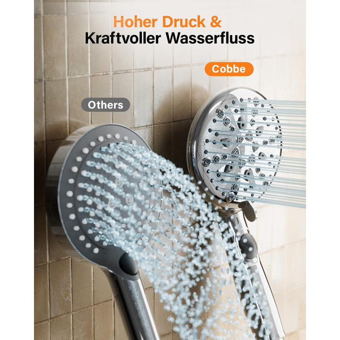 Cobbe Shower Head - Water-saving, pressure-boosting with stop function, handheld shower with 7+2 spray patterns, shower head with strong jet for cleaning bathtub made of ABS, Chrome