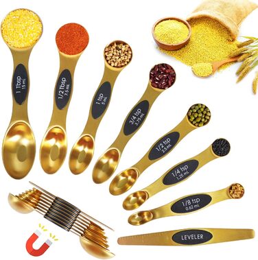 18-Piece Measuring Cup and Spoon Set, includes 10 stackable measuring cups with lids and 8 magnetic measuring spoons, for liquid and dry ingredients, BPA-free (Golden)