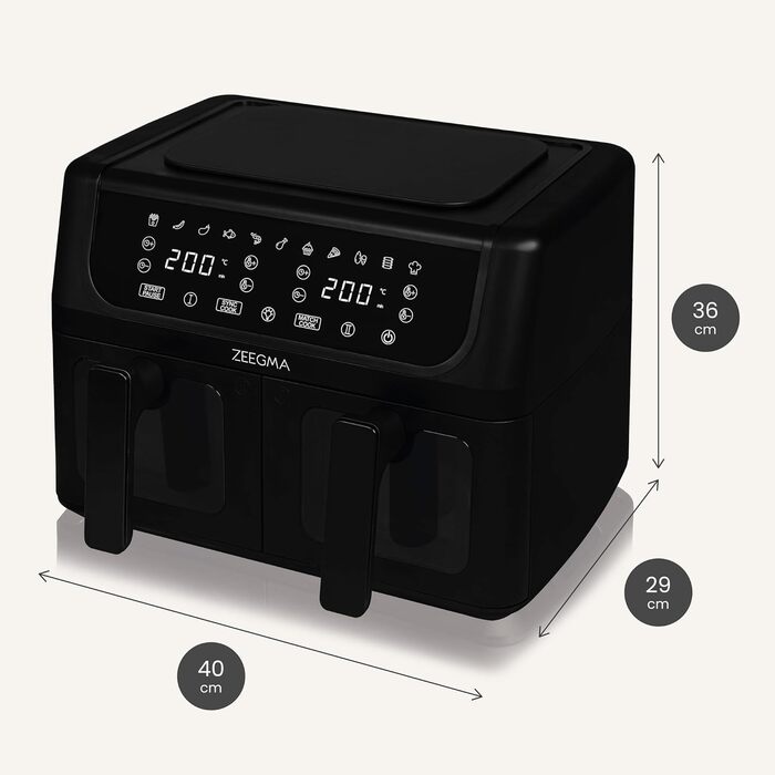 Фритюрниця з гарячим повітрям ZEEGMA KNAPPER DUAL, 1700 Вт, 2 відсіки, 9 л, таймер 60 хв, 11 програм, 60-200 °C, швидкий нагрів, сенсорне керування, чорний