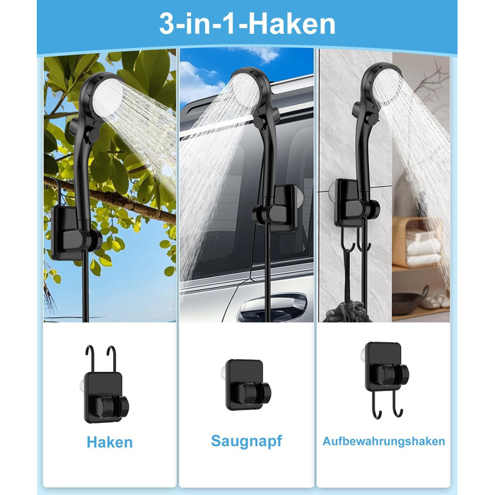 WADEO Portable Camping Shower Battery with Pump, Camping Shower with Rechargeable 6000/8000mAh Battery, Mobile Showers Outdoor Showers with Shower Head and Hose, for Camping, Travel, Garden, Car Washing (Black, 10 Gänge and with Double Digital Display)