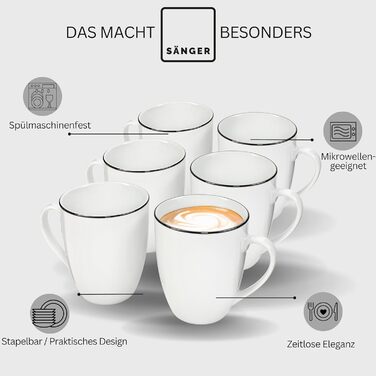 Набір посуду SÄNGER Tafelservice Marlo Black Rim, 24 предмети (6 осіб) з порцеляни: вечері, десерти, миски, чашки