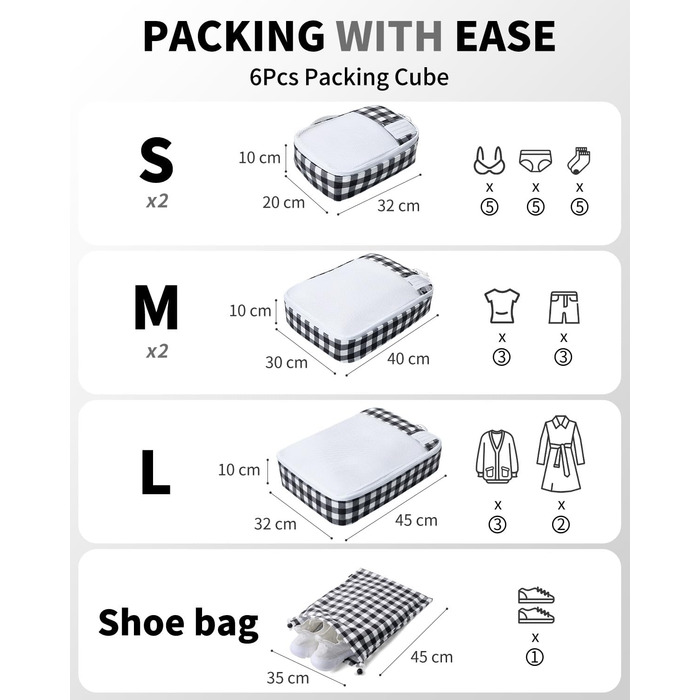 Органайзер для валізи ECOHUB, набір 6 шт. з ID-міткою, екологічні валізи для подорожей, легкі дорожні сумки, дихаючий рюкзак-органайзер, патент на корисну модель (зелений) (чорно-білий)
