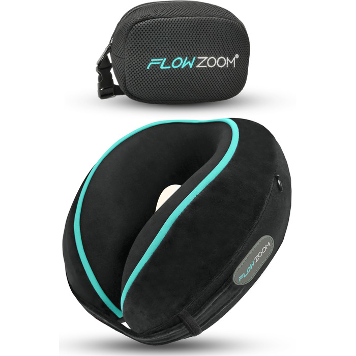 Подушка для шиї FLOWZOOM Dream Pro з додатковою бічною підтримкою та регульованим кріпленням на липучці - подушка для подорожей в літак з піною з пам'яті - з чохлом та подарунковою упаковкою - Чорний 1.2. Dream - Чорний