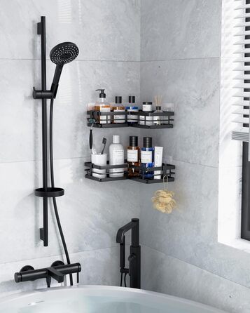 Поличка для душу Kitsure без свердління – 2 шт. Стабільне душове решітка без свердління з швидким стоком, нержавіючою статтю та міцним клейким кріпленням для ванної кімнати, 22,0 x 22,0 x 5,0 см, Чорний