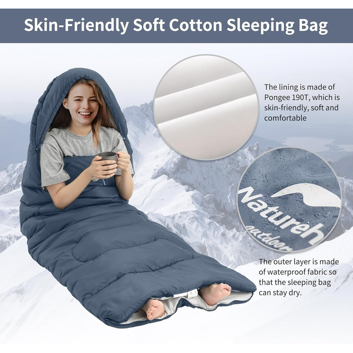 Naturehike Sleeping Bag with Hood - Camping Blanket Sleeping Bag, Lightweight & Comfortable for Outdoor Adventures & Travel - Navy Blue (7~11°C)