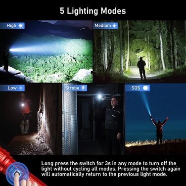 LED ліхтарик Blukar: перезарядна модель, екстремально яскравий, з функцією зуму, 5 режимів, водонепроникний IP67, для кемпінгу та надзвичайних ситуацій (червоний)