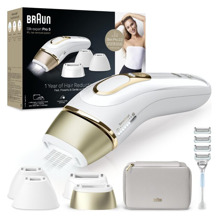 Braun Silk-expert Pro 5 PL5358: Епілятор для безболісної епіляції вдома (білий/золотий) + Gillette Venus + 4 насадки. Зроблено в Німеччині