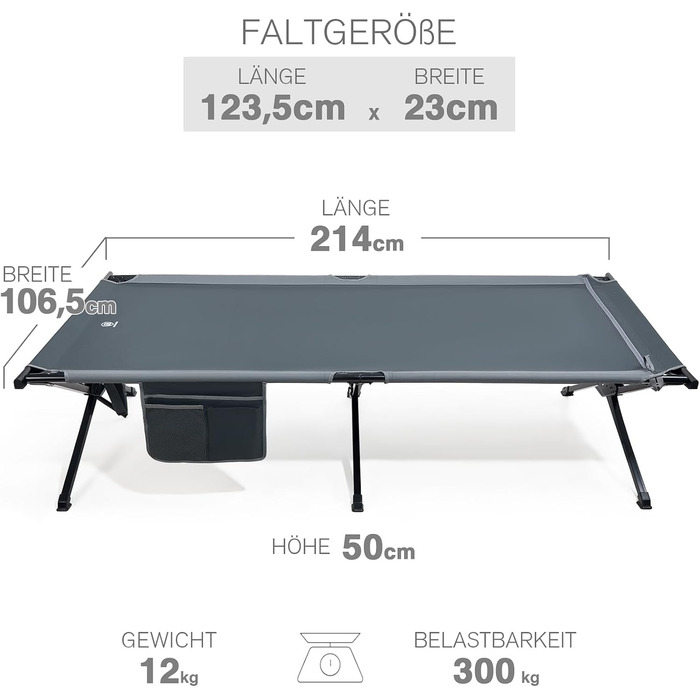 Розкладне ліжко EVER ADVANCED для кемпінгу: 214x106 см, 300 кг, XXL, стабільне, для відпочинку на природі та вдома, зелений/сірий