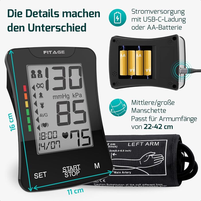 Цифровий тонометр на плече Oberarm з функцією пам'яті, виявлення аритмії та вимірювання пульсу. Підходить для об'ємів плеча 22-42 см. Чорний колір