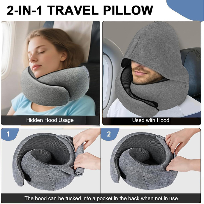 Подушка для шиї з регульованою капюшоном та 360° підтримкою шиї | Ергономічна подушка з піною з пам'яті для подорожей (літак, авто) | З чохлом та берушами | Дихаюча та пральна (темно-сіра)