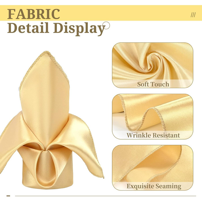 Champagne Satin Napkins Cloth 40 Pieces Square 20 x 20 inches Soft, Smooth Fabric Table Napkins Washable Satin Cloth Napkins for Weddings Parties Vacations Dinners Thanksgiving