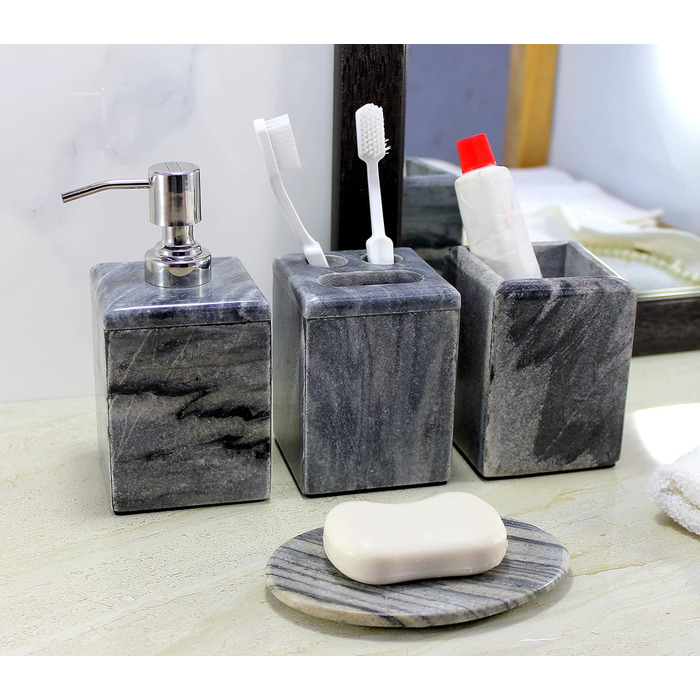 KLEO Luxury 4-Piece Bathroom Accessory Set | Includes Liquid Soap or Lotion Dispenser with Stainless Steel Pump, Toothbrush Holder, Cup, and Soap Dish - Bath Set/Bathroom Accessories