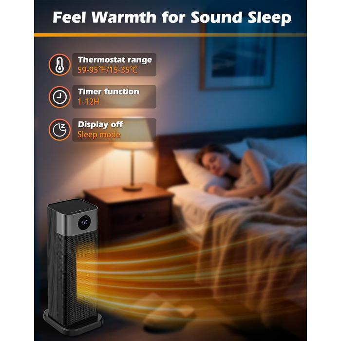 Електричний обігрівач PTC 2000W з термостатом, дистанційним керуванням, таймером та захистом від перегріву. Обігрівач для дому, офісу, спальні.