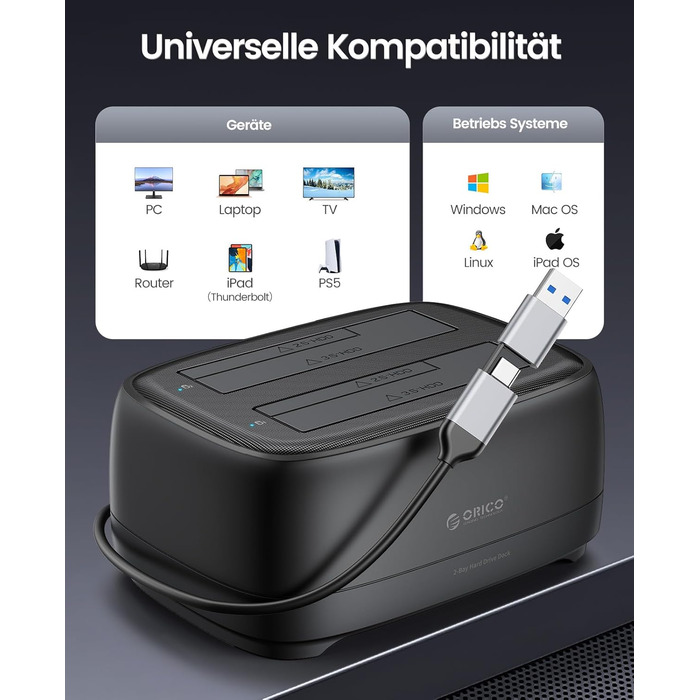 ORICO Док-станція для жорстких дисків, USB 3.2 Gen 1, 2 відсіки, підтримка 2.5/3.5 HDD/SSD, до 20TB, UASP, 12V 3A